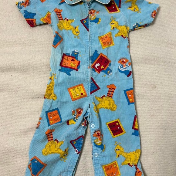 VTG‎ 70s Sesame Street Baby Romper CorduroyBig Bird Cookie Monster